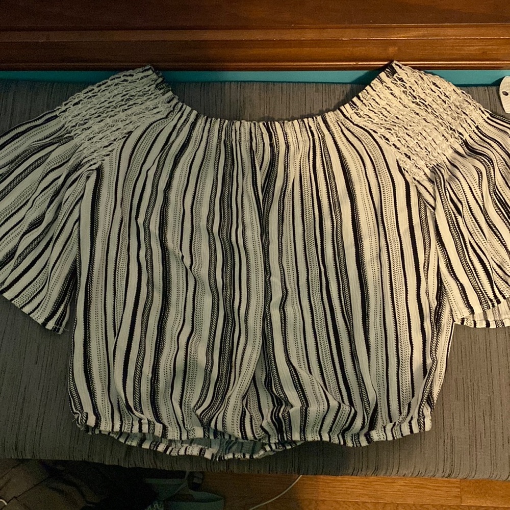 Black and white stripe off the shoulder top